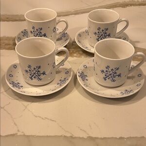 Set of 4 Blue and White Snowflake Coffee Cups and Saucers